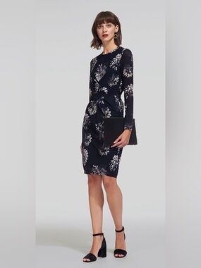 Whistles Navy Floral Long Sleeve Sheath Dress Silk Blend 4